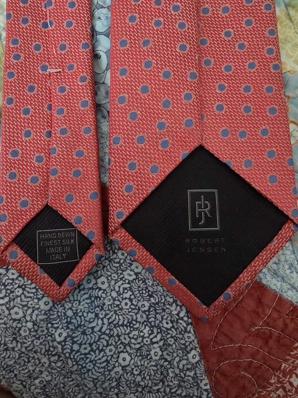 Coral-Red Silk Tie with Blue Dot Pattern